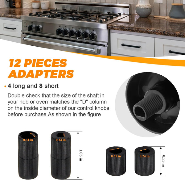Blutoget 4 Pack Black Universal Control Knobs with 12 Adapters - Compatible for Oven Stove Range - Universal Stove Knobs - Wide Range of Availability
