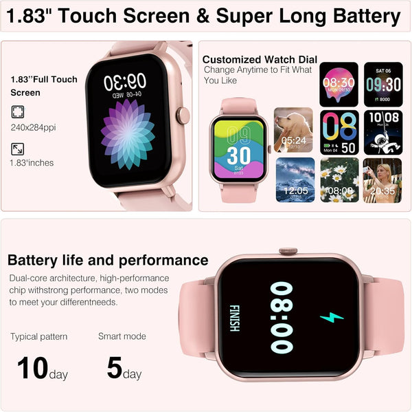 Smart Watch for Men Women Compatible with IOS Android Phone, 1.83" Full Touchscreen IP68 Waterproof Smartwatch,Fitness Tracker with Make/Recive