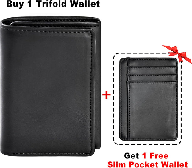 Trifold Wallet for Men, Leather Wallets with 8 Card Slot and 2 Money Pocket and 1 Clear Photo Slot + 1 Minimalist Leathe
