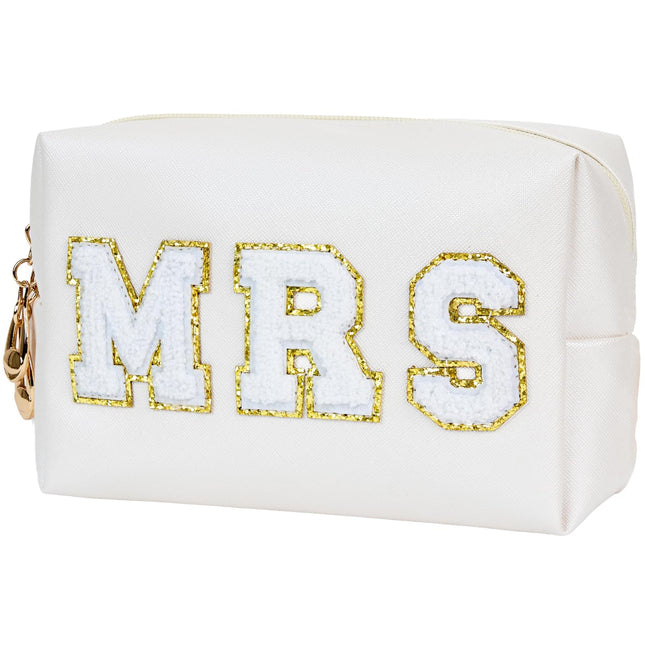 Bride Gifts MRS Patch Travel Makeup Bag Varsity Letter Cosmetic Toiletry Bag Letter Patches White Makeup PU Bag Bride Cl