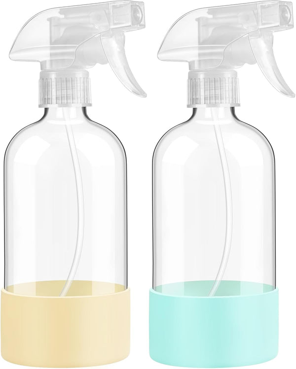 Glass Spray Bottles with Silicone Sleeve Protection, 16 Oz 2 Pack, Reusable Spray Bottles with Adjustable Nozzle for Hair, Cleaning Solutions,
