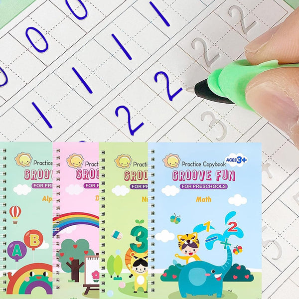 4 Pc Magic Grooved Writing Practice for Kids -Reusable Handwriting Practice Book,Magic Copybooks for Kids,Grooved Writing Books for Kids 3-5