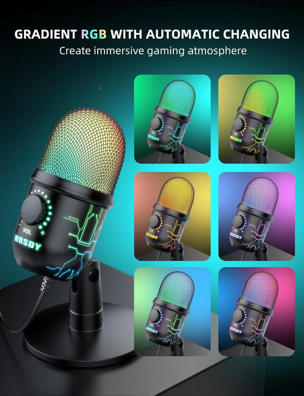 Gaming Microphone, USB Computer Microphone for PC, Mac, PS4/5, Condenser Podcast Mic for Studio Recording, Youtube, Streaming, with Headphone