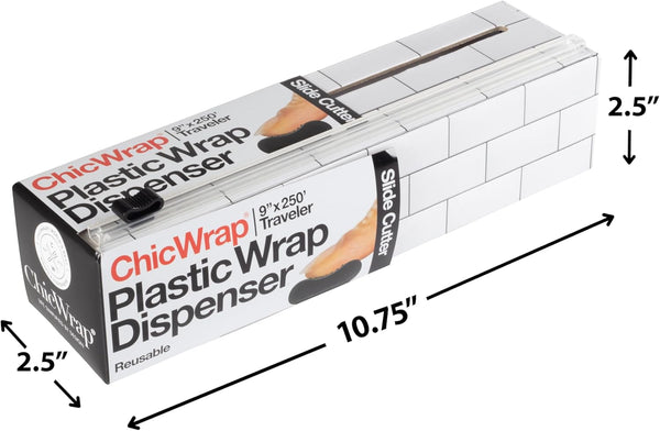 Chicwrap Subway Tile Refillable Plastic Wrap Dispenser - One 9" X 250' Roll of Professional Grade Plastic Wrap - BPA Free and Kosher Certified -