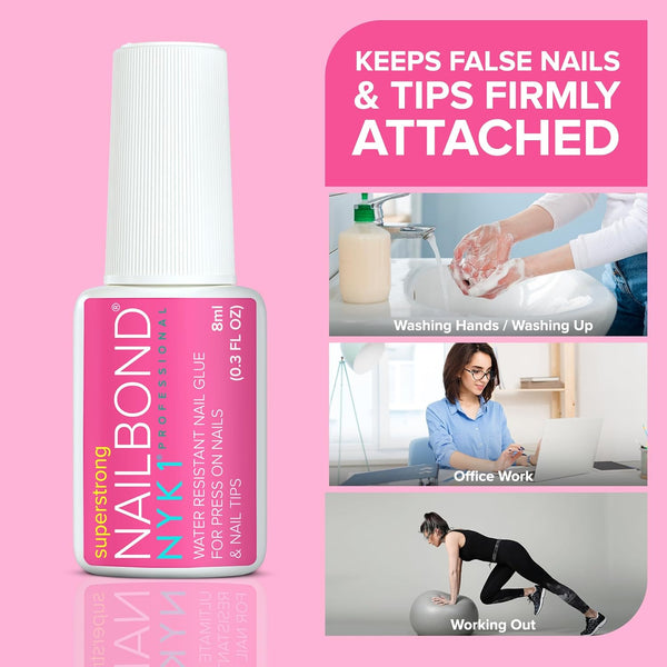 Super Strong Nail Glue for Press on Nails, Nail Tips & Acrylic Nails (8Ml) NYK1 Nailbond Brush on Glue for Press Ons, Tips & Acrylics - Long