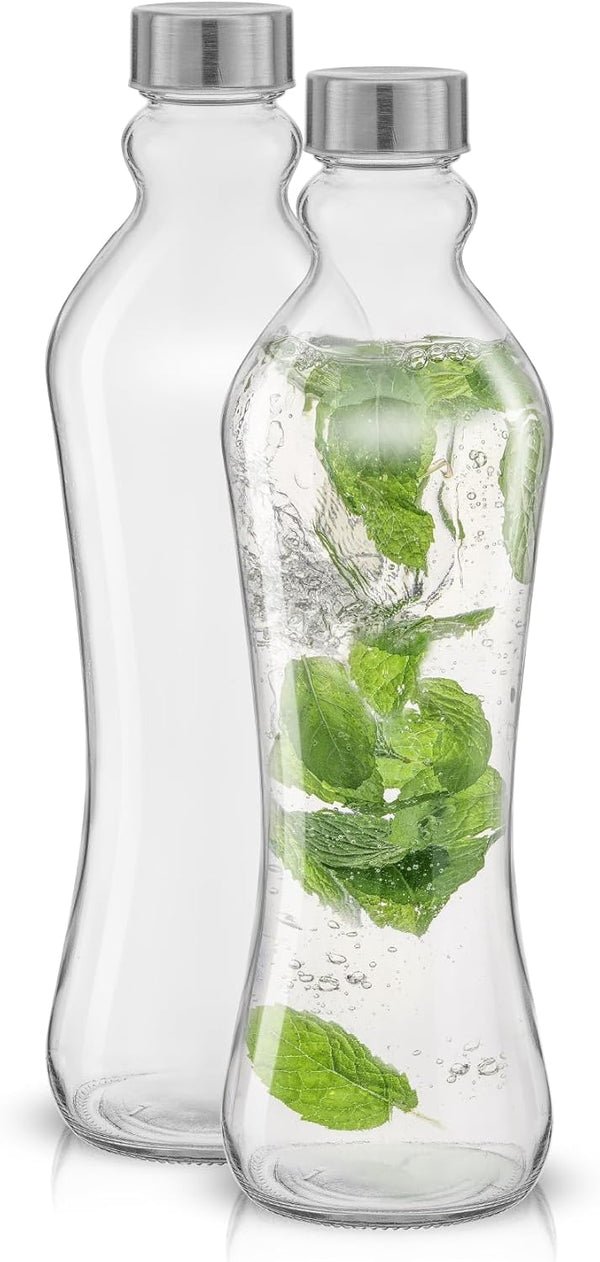 Joyjolt Glass Water Bottles - 2Pc Set, 32 Oz/1 Liter, Clear Glass with Stainless Steel Lids, Leakproof, Ideal for Juicing or Iced Tea