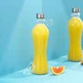 Joyjolt Glass Water Bottles - 2Pc Set, 32 Oz/1 Liter, Clear Glass with Stainless Steel Lids, Leakproof, Ideal for Juicing or Iced Tea