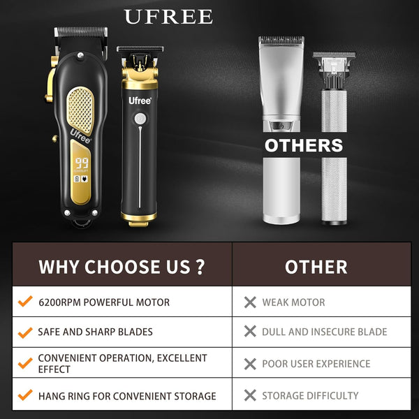Ufree Hair Clippers for Men, Professional Clippers and Trimmers Set, Cordless Clippers for Hair Cutting, Beard Trimmer, Barber Clippers,