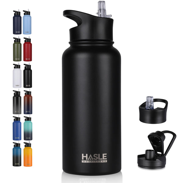 HASLE OUTFITTERS 32 Oz Insulated Water Bottle Stainless Steel Double Walled Vacuum Sports Water Bottle with 2 Lids (Straw and Spout Lid) for Gym