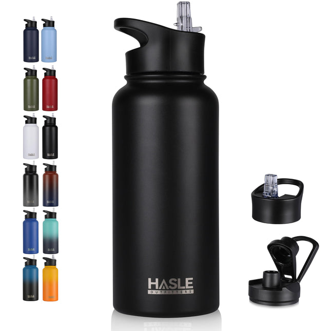 HASLE OUTFITTERS 32 Oz Insulated Water Bottle Stainless Steel Double Walled Vacuum Sports Water Bottle with 2 Lids (Stra