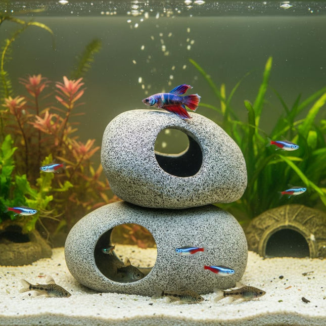 Aquarium Cave Decor - 2 PCS Natural Fish Tank Rocks for Betta Hideout and Shrimp Breeding, Hand-Polished Smooth Edges, P