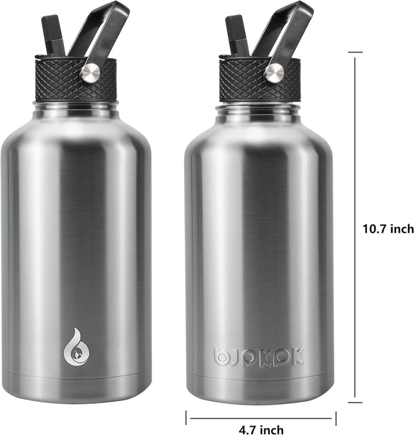 BJPKPK Half Gallon Insulated Water Bottles with Straw Lid, 64Oz Large Water Jug, Stainless Steel Bottles with 3 Lids and Paracord Handle, Thermos