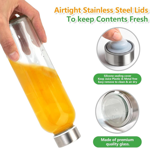 Zukro Glass Juice Bottles with Lids for Juicing 18 Oz, Reusable Clear Glass Water Bottles with Stainless Steel Airtight Cap for Refrigerator, 100%