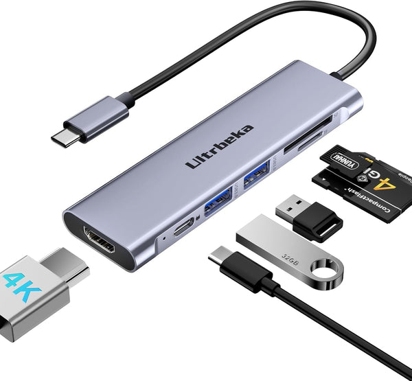 USB C Hub 7-In-1 USB-C Dongle with 4K HDMI Multiport Adapter, 2×Powered USB-A 3.0 5Gbps, 100W PD Charging, TF/SD Card Reader for Macbook Pro/Air and Other Type C Ports Laptops (Silver)