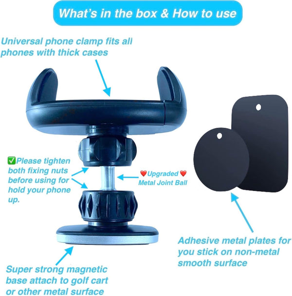 Magnetic Phone Holder Mount for Golf Cart [Upgraded Metal Joint], Magnetic Golf Cart Phone Holder [Big Phones & Thick Cases Friendly] Compatible