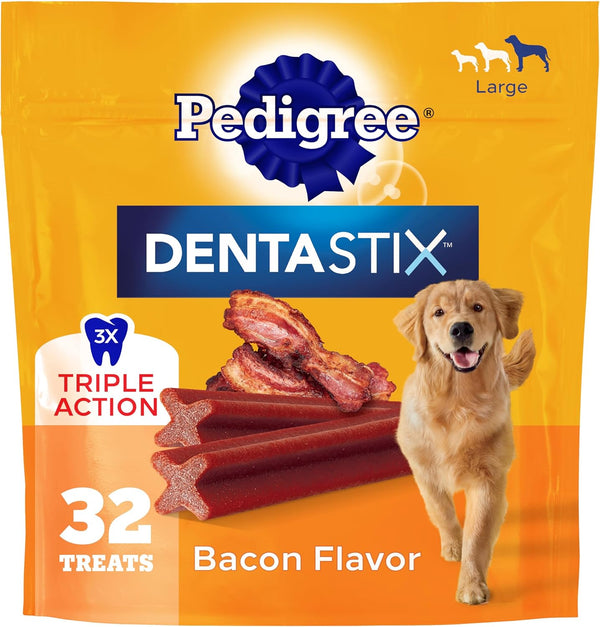 Pedigree Dentastix Large Dog Treats, Bacon Flavor, 1.67 Lb. Bag (32 Treats)