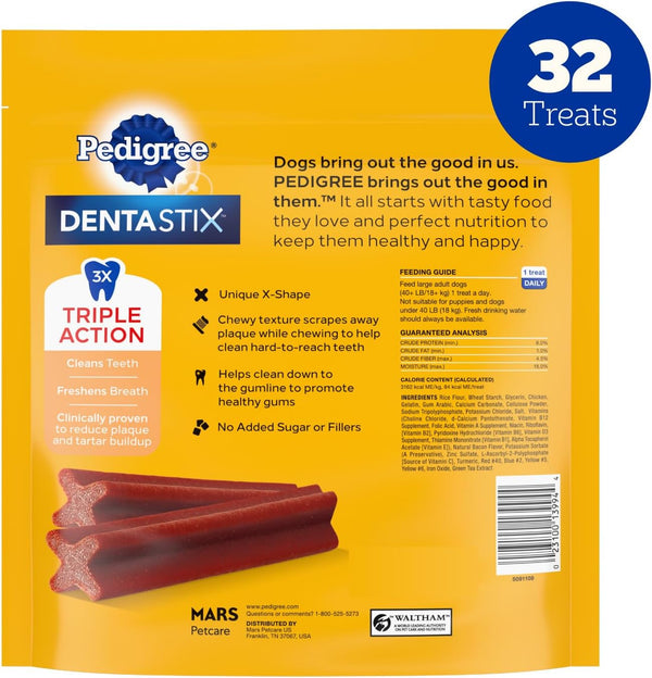 Pedigree Dentastix Large Dog Treats, Bacon Flavor, 1.67 Lb. Bag (32 Treats)