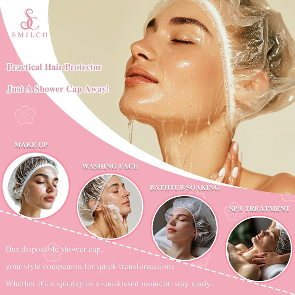 Disposable Shower Caps 100Pcs, 18.1 Inch Plastic Shower Cap for Women Waterproof Bath & Bathing Accessories, Home & Travel Essentials
