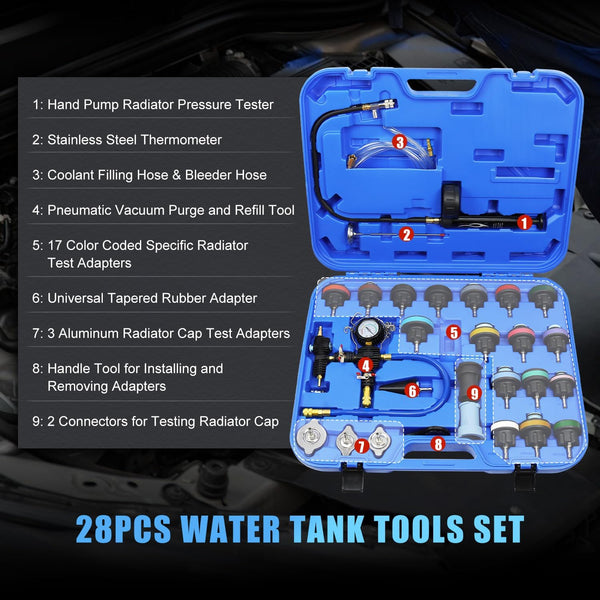 JIFETOR Radiator Pressure Leakage Tester Vacuum Cooling System Purge Coolant Refill Tool Kit 28PCS Universal Automotive Water Tank Leak Test
