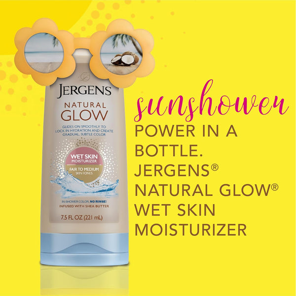 Jergens Natural Glow in Shower Lotion, Self Tanner for Fair to Medium Skin Tone, Sunless Tanning Wet Skin Lotion for Gradual, Flawless Color, 7.5