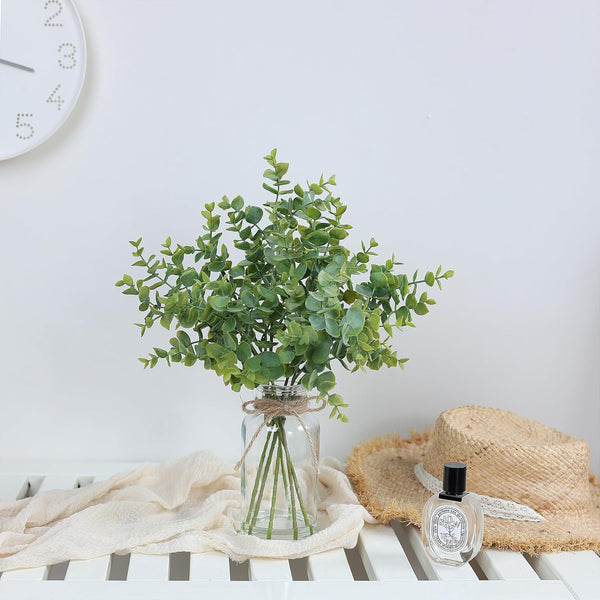 Zheart Fake Eucalyptus Stems in Glass Vase with Faux Water,14" Artificial Plants Eucalyptus Leaves for Shelf Desk Bathroom Farmhouse Room Coffee