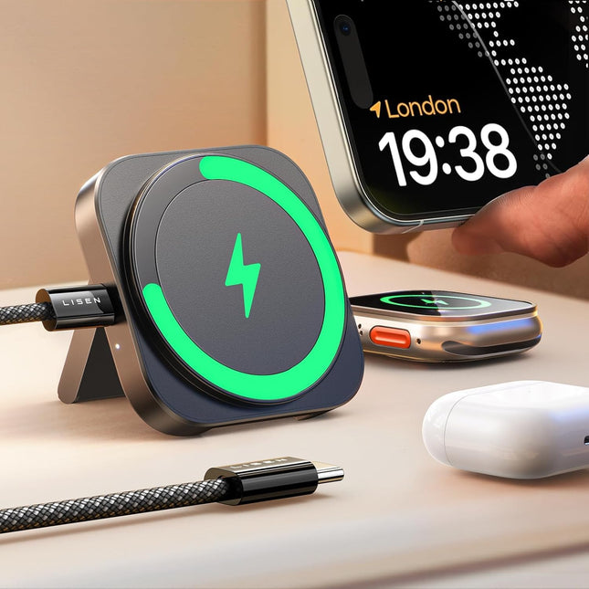 LISEN Charging Station for Apple Magsafe Charger, Travel Charger Station for Iphone16, Foldable Pad Charger for Travel M