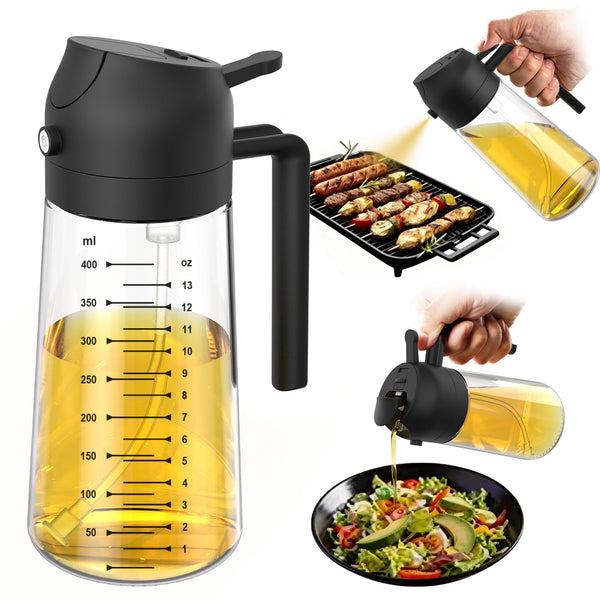 Trendplain 16Oz/470Ml Glass Olive Oil Sprayer for Cooking - 2 in 1 Olive Oil Dispenser for Kitchen Gadgets, Air Fryer, Salad, and BBQ - Black