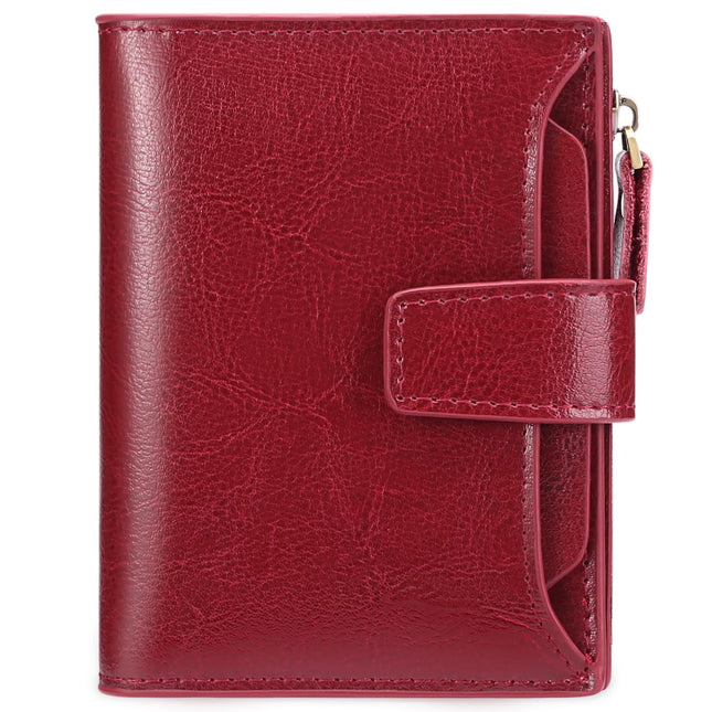 GOIACII RFID Women's Wallet Small Ladies Credit Card Holder Leather with Zipper Pocket 4 ID Windows Wine Wax Red A01 Wax