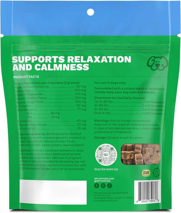Get Joy Calm+ Stress Support Dog Supplement Chews, 90 Soft Chews, Chicken Flavor, Supports Sleep & Relaxation, with Chamomile & Valerian Root, Phd