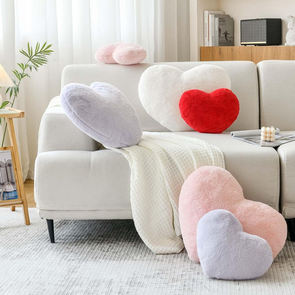 Pink Heart Pillows, Cute Heart Decorative Pillow, Heart Shaped Throw Pillows for Bed, Faux Rabbit Fur Plush Hoom Decor Pillow Cushion for Chair