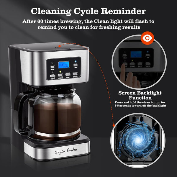 Taylor Swoden 12-Cup Programmable Coffee Maker, Regular & Strong Brew Drip Coffee Machine for Home and Office, Glass Carafe, Pause & Serve, Auto