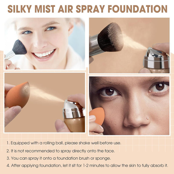 Airbrush Foundation Spray, Silky Mist Spray Makeup Kit with Brush, Full Coverage Foundation for Smooth Radiant Finish, Formula Breathable