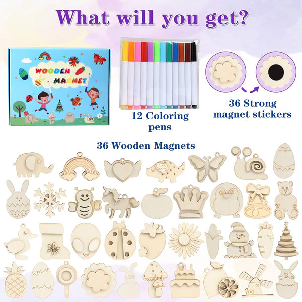 Worgree DIY Wooden Magnets, 36 Pcs Wooden Art Craft Supplies Painting Kit for Kids Party Favors for Boys Girls Ages 4-8 8-12 Birthday Easter
