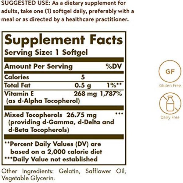 Solgar Vitamin E 268 MG (400 IU) (D-Alpha Tocopherol & Mixed Tocopherols), 100 Softgels - Supports Immune System & Skin Nutrition - Natural