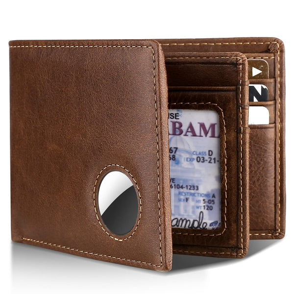 Swallowmall Airtag Wallet Men RFID Blocking Genuine Leather Bifold Mens Wallet for Airtag 1 ID Window 12 Card Holders Gift Box (Airtag Not
