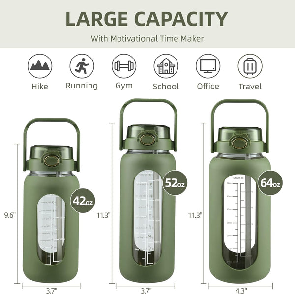 SIEROZUR 64Oz Glass Water Bottle with Straw and Handle Lid Half Gallon Motivational Glass Bottle with Silicone Sleeve and Time Marker Large