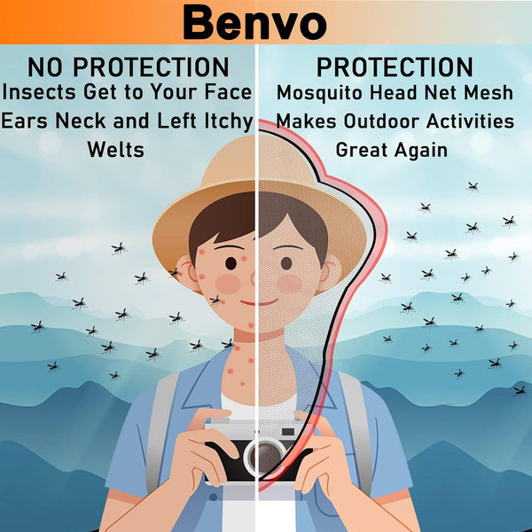 Benvo Mosquito Head Net Mesh, Face Neck Fly Netting Hood from Bugs Gnats Noseeums Screen Net for Any Outdoor Lover- with Carry Bags Fits Most