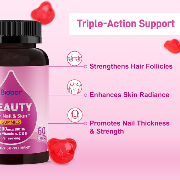 Beauty Gummies No Sugar Added, Hair Skin and Nails Gummies with Vitamins a C E, Natural 6000Mcg Biotin Gummies for Women Men, GMO Free, Gluten