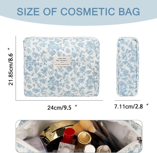 Floral Makeup Bag, Large Cosmetic Bag for Women Girls, Cute Cotton Make up Pouch, Quilted Makeup Bags, Flower Travel Toiletry Organizer Bag(Blue