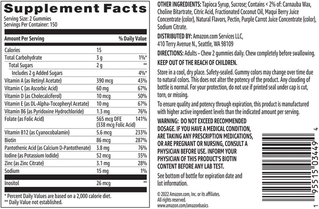 Amazon Basics Adult Multivitamin Gummies, Mixed Berry & Cherry, 150 Gummies, 75-Day Supply, Pack of 2 (Previously Solimo)