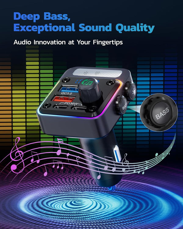 Nulaxy 54W Bluetooth 5.3 Car Adapter with 4 Charging Ports [PD 36W & QC3.0 18W], Wireless Radio FM Transmitter with Deep Bass Player & 5 Colors