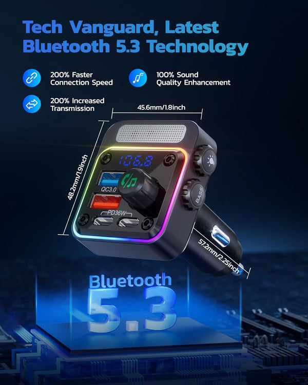 Nulaxy 54W Bluetooth 5.3 Car Adapter with 4 Charging Ports [PD 36W & QC3.0 18W], Wireless Radio FM Transmitter with Deep Bass Player & 5 Colors