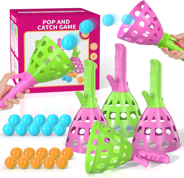 Pop Pass Catch Ball Game Set â 4 Launchers, 20 Balls, Toss and Catch Outdoor Toys for Kids Ages 3-8, Indoor Yard Beach Pool Game, Party Favor for