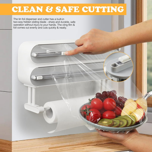 Magnetic Plastic Wrap Dispenser with Cutter - Refillable Aluminum Tin Foil and Plastic Wrap Organizer for Kitchen, Quasziwa Upgraded 3 in 1 Paper
