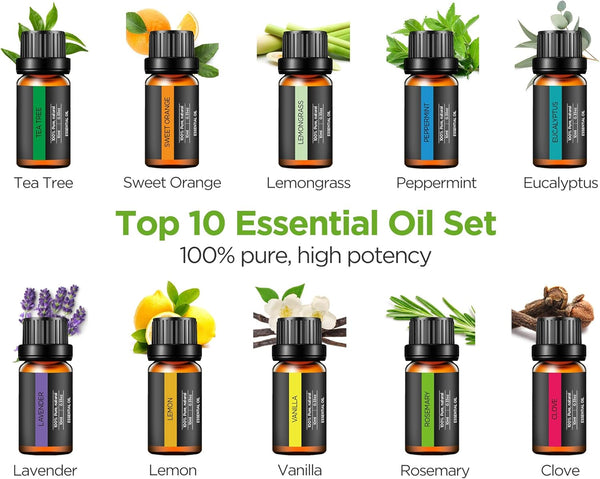 Innogear Aromatherapy Diffuser & 10 Essential Oils Set, 400Ml Diffuser Ultrasonic Diffuser Cool Mist Humidifier with 4 Timers 7 Colors Light