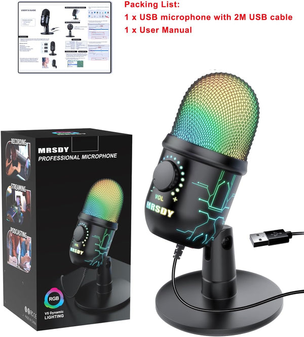 Gaming Microphone, USB Computer Microphone for PC, Mac, PS4/5, Condenser Podcast Mic for Studio Recording, Youtube, Streaming, with Headphone