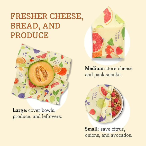 Bee'S Wrap Beeswax Wraps for Food - Fresh Fruit 3 Pack (S, M, L) Made in USA Reusable & Organic Food Wraps, Sandwich Wrap & Bowl Covers -