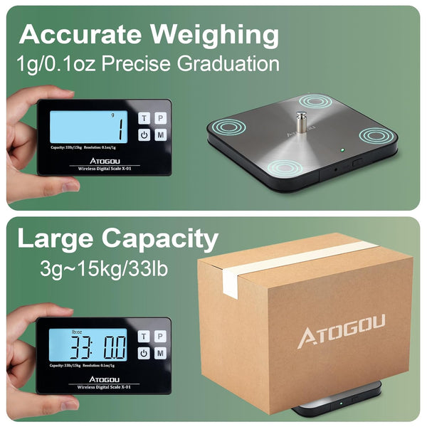 Atogou Food Scale, 33lb Wireless Kitchen Scale with Remote Display, 1g/0.1oz Precise Graduation, Food-Grade 304 Stainless Steel, Digital Food