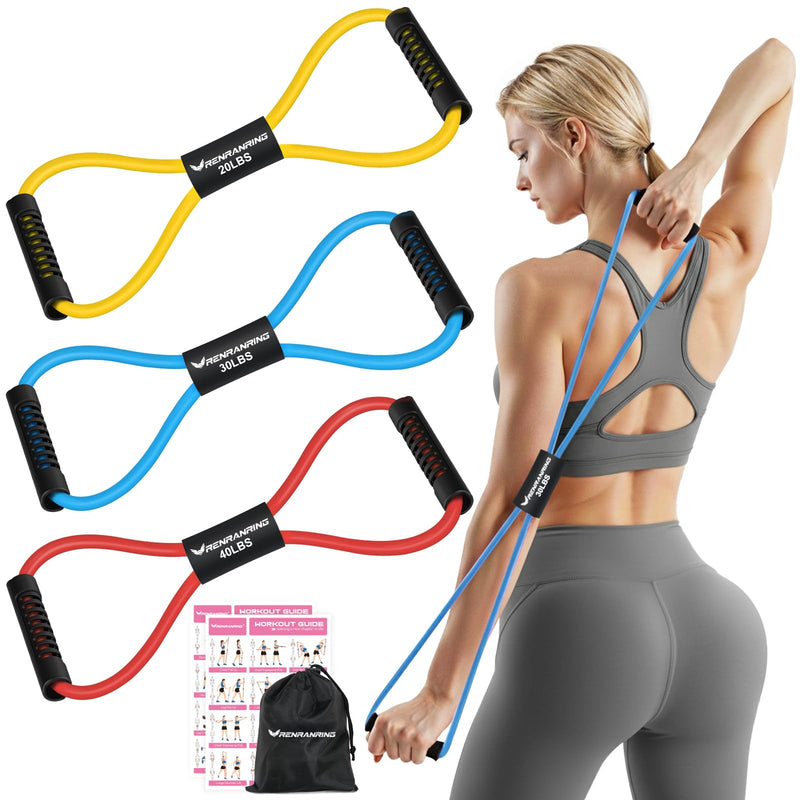 RENRANRING Figure 8 Fitness Resistance Bands with Handles - Exercise Tube Band Set of 3 for Arm and Shoulder Stretch, Rope 8 Word Elastic for