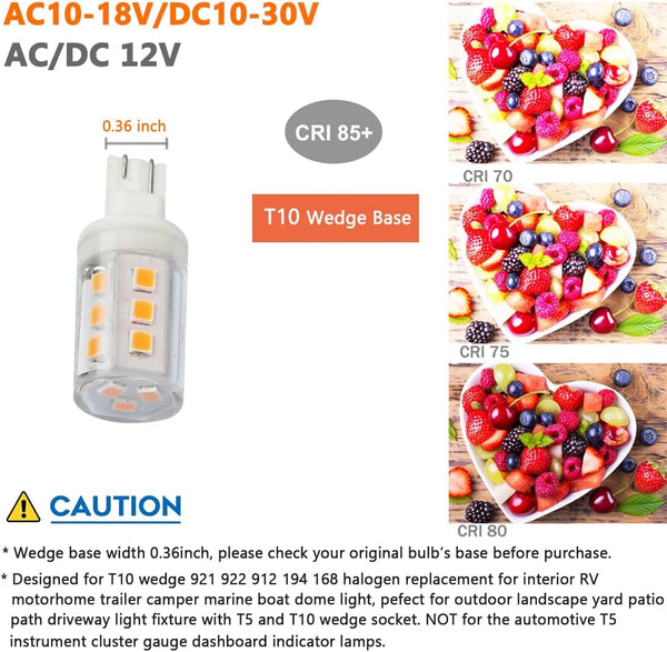 3W T10 Wedge Base 921 LED Light Bulb,2700K Warm White,12Vac/Dc Landscape Garden Patio Path Driveway Malibu,Automotive Car RV Camper Trailer